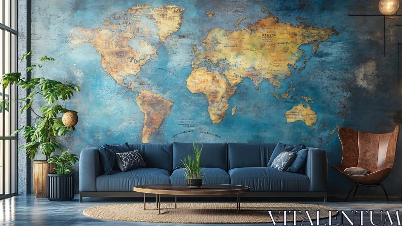 Cartographic mural lounge with geospatially staged seating.