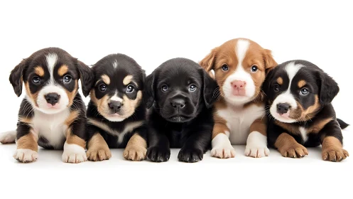 Symmetrical lineup of five multicolored puppies on white