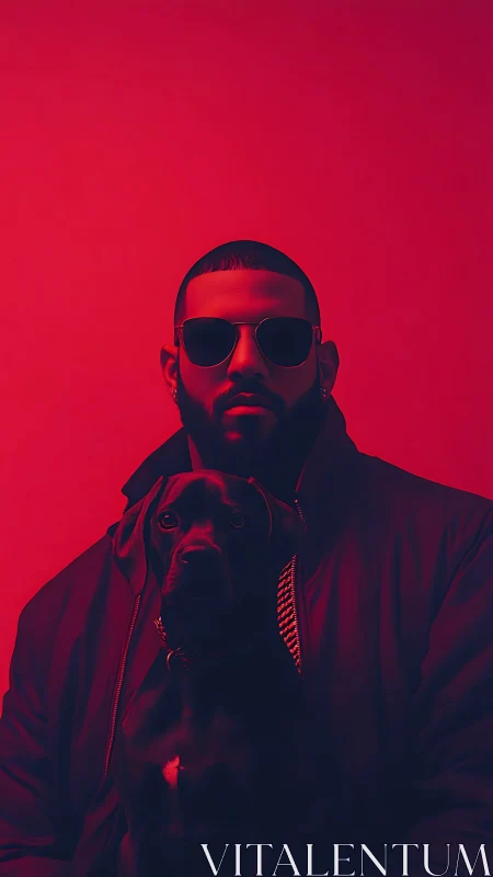 Midnight red portrait of cool man and loyal dog duo.