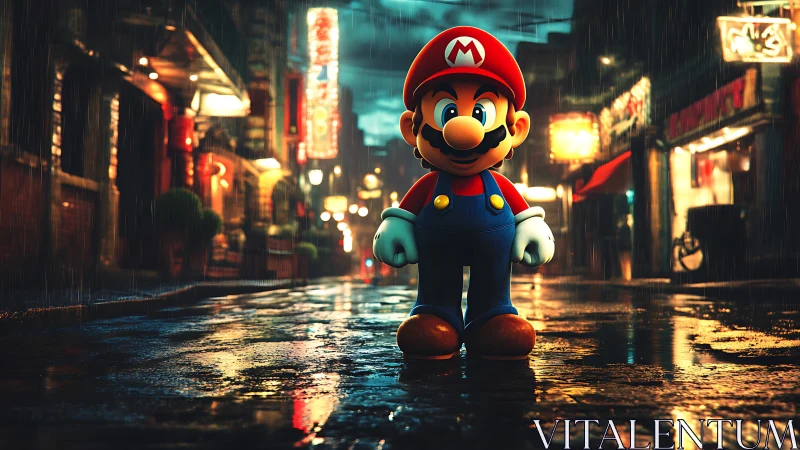 Mario character stands on wet neon street at night in rain