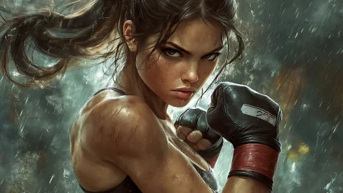 Fighter in Rain: Determined Woman in Boxing Gloves
