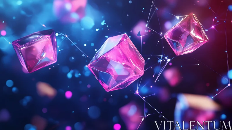 Luminous pink crystals drift through a neon digital cosmos.