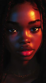 Hyperreal close-up portrait in dramatic warm rim lighting