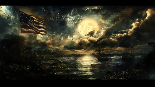 Moonlit harbor storms while a defiant flag carves the sky