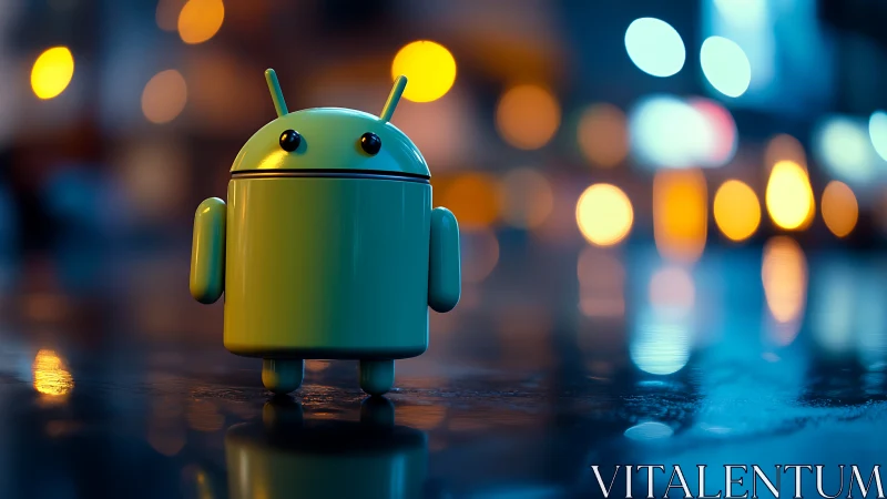 Green android robot toy on wet city street at night.