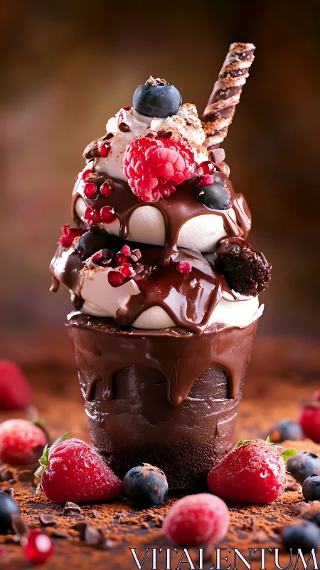 Layered chocolate dessert glass with berries and cream.