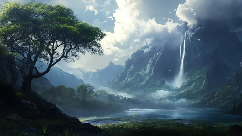 Mountain lake valley with tall waterfall and lone tree.