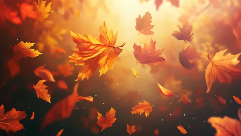 Falling autumn maple leaves in soft backlit outdoor scene.