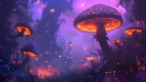 Bioluminescent mushroom forest under ethereal violet skies.
