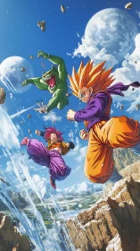 High‑flying anime heroes launch into an epic mountain battle