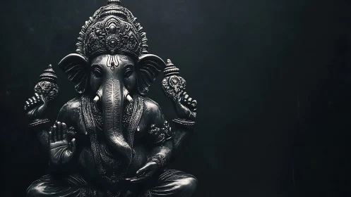 Serene Ganesha sculpture glowing softly in quiet shadows.