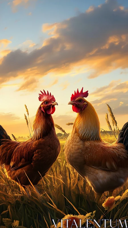 Two Roosters Greet the Golden Sunrise Together.