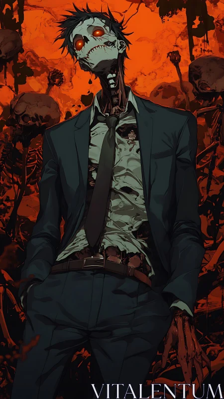 Undead salaryman stalks a fiery skull-filled wasteland.