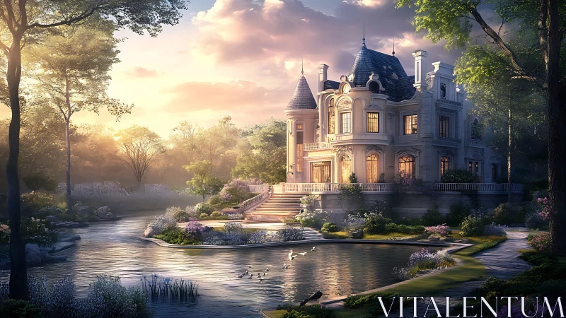 Lakeside neo-baroque manor at sunset with landscaped gardens