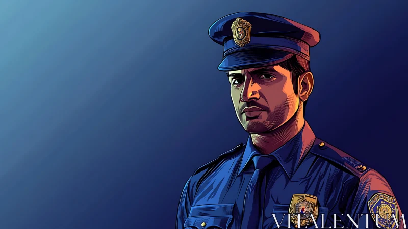 Stoic police officer stands against dramatic blue gradient