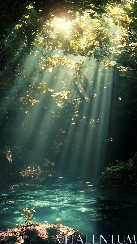 Sunbeams pour secrets into a hidden turquoise forest pool