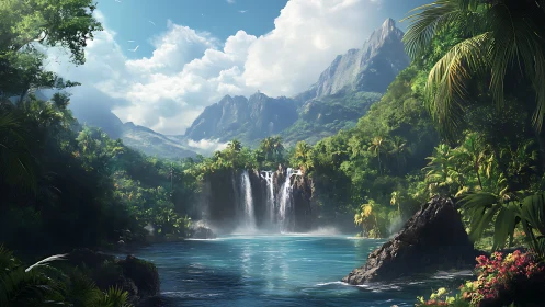 Lush tropical lagoon with central waterfall and peaks.