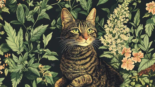 Tabby Cat Portrait in Botanical Garden.