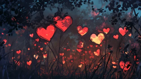 Glowing Hearts Bloom in a Mystical Garden.