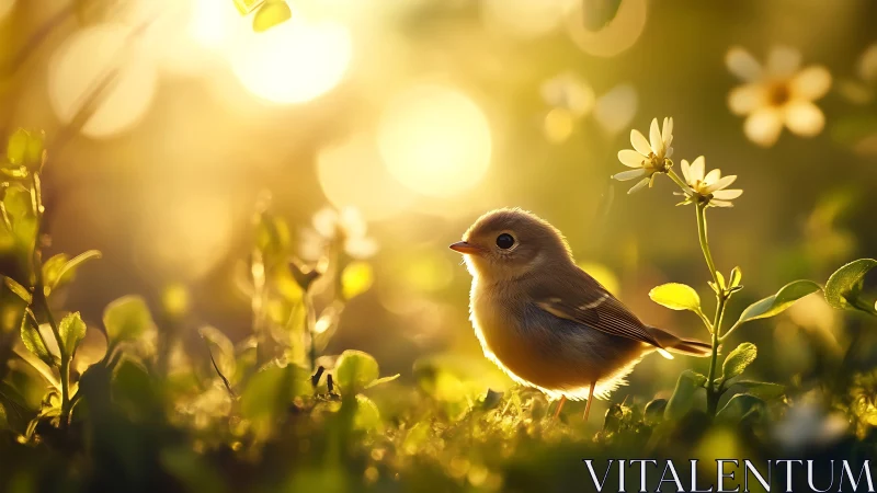 Baby bird in sunlit meadow with wildflowers, dreamy nature photo.