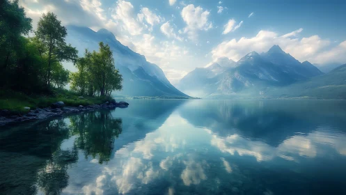 Mountain lake landscape with trees and cloud reflections.