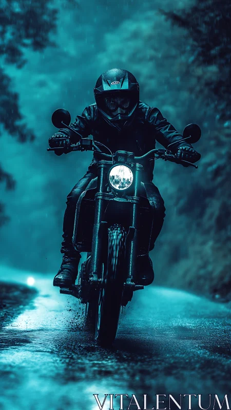 Motorcyclist powers through rain on neon blue roadway.