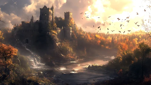 Golden light pours over a misty riverside autumn castle