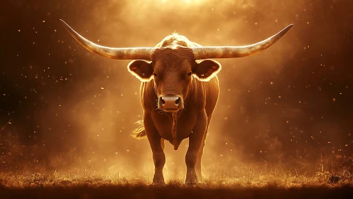 Longhorn bull standing in glowing golden backlight field.