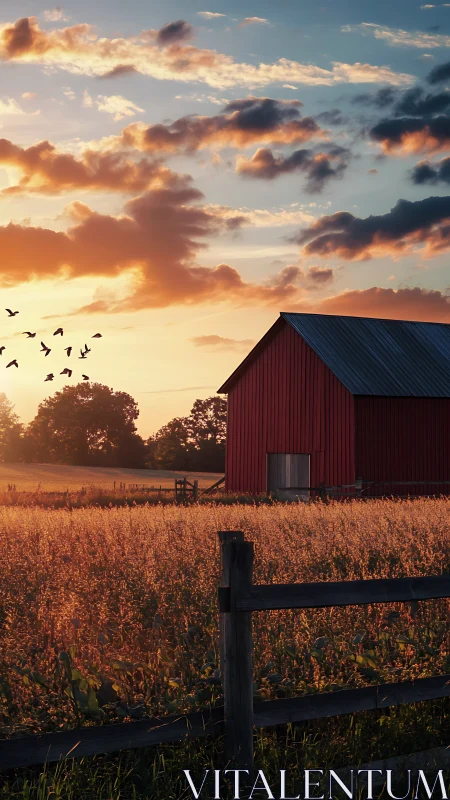 Sunlit red barn cradled in glowing fields at day’s farewell.