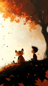 Child and tiger companion beneath windswept autumn canopy.