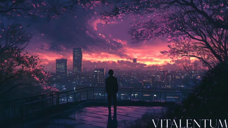 Solitary figure observing illuminated city at dusk skyline.