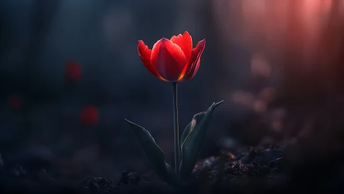 Backlit Red Tulip with Soft-Focus Environmental Bokeh