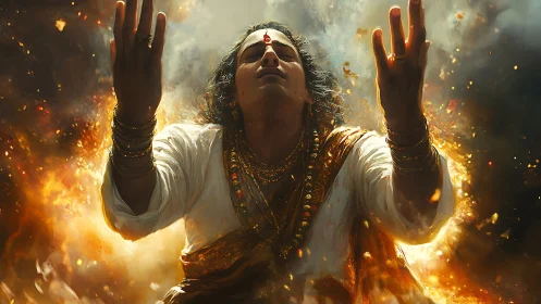 Radiant ascetic in dynamic golden light with volumetric embers