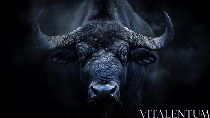Low-key frontal buffalo portrait with high-contrast rim lighting