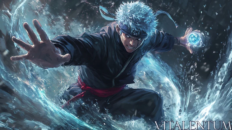 Elemental warrior unleashing swirling water energy burst.