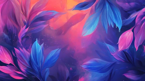 Celestial bloom of neon leaves drifting through twilight.