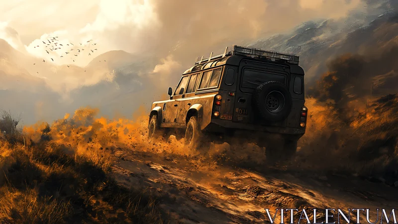 Off‑road utility vehicle ascending dust‑laden mountain track.