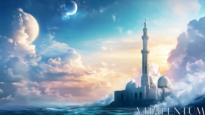 Fantasy mosque structure rises from ocean amid twin moons