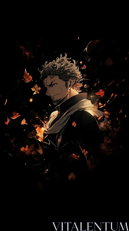 Storm-lit warrior exhales embers as petals orbit his grief