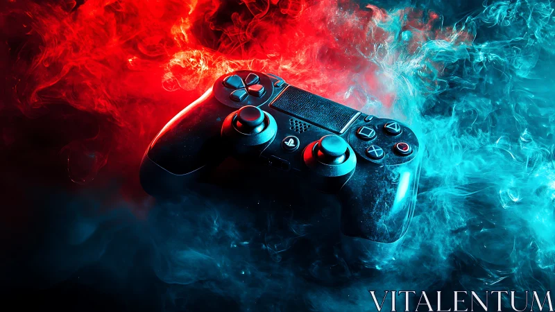 Dual-tone gaming controller in neon vapor lighting composition.