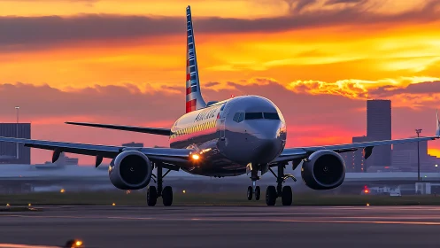 Commercial jet taxis on illuminated runway at sunset