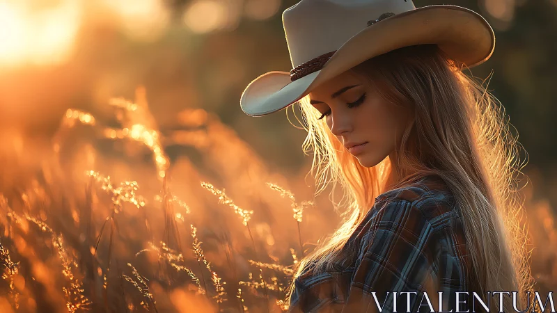 Warm backlit cowgirl portrait in golden hour field bokeh