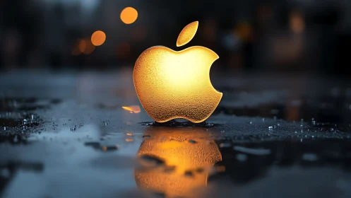 Golden apple logo glowing softly on a rainy city street.