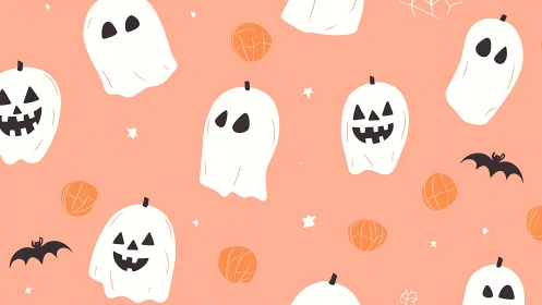 Seamless kawaii Halloween ghosts with pumpkins on coral ground