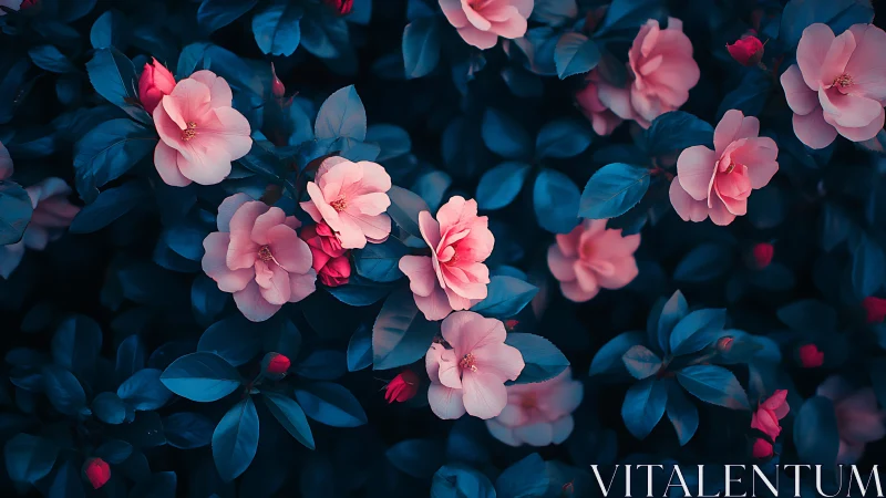 Pink Camellias Against Deep Teal Foliage in Nocturnal Bloom