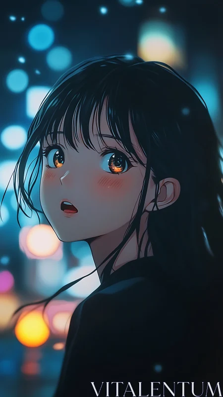 Anime portrait captures neon-lit girl with reflective bokeh gaze