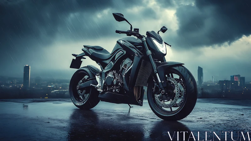 Sleek black motorcycle waiting under a moody stormy sky.