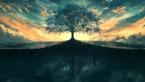 Lone mystical tree with mirrored roots at stormlit horizon.