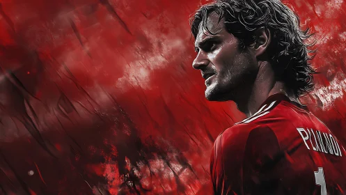 Focused soccer player in bold red, framed by fiery energy.