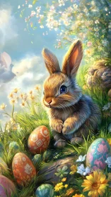 Springlit bunny guardian among painted meadow eggs.